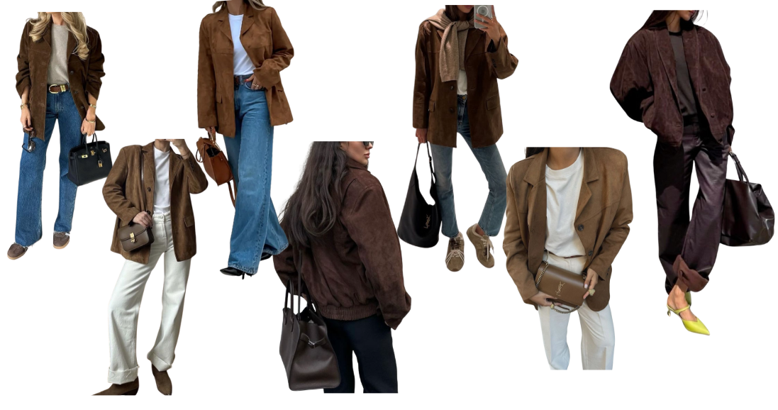 fall suede outfits – chocolate suede bomber with blue jean