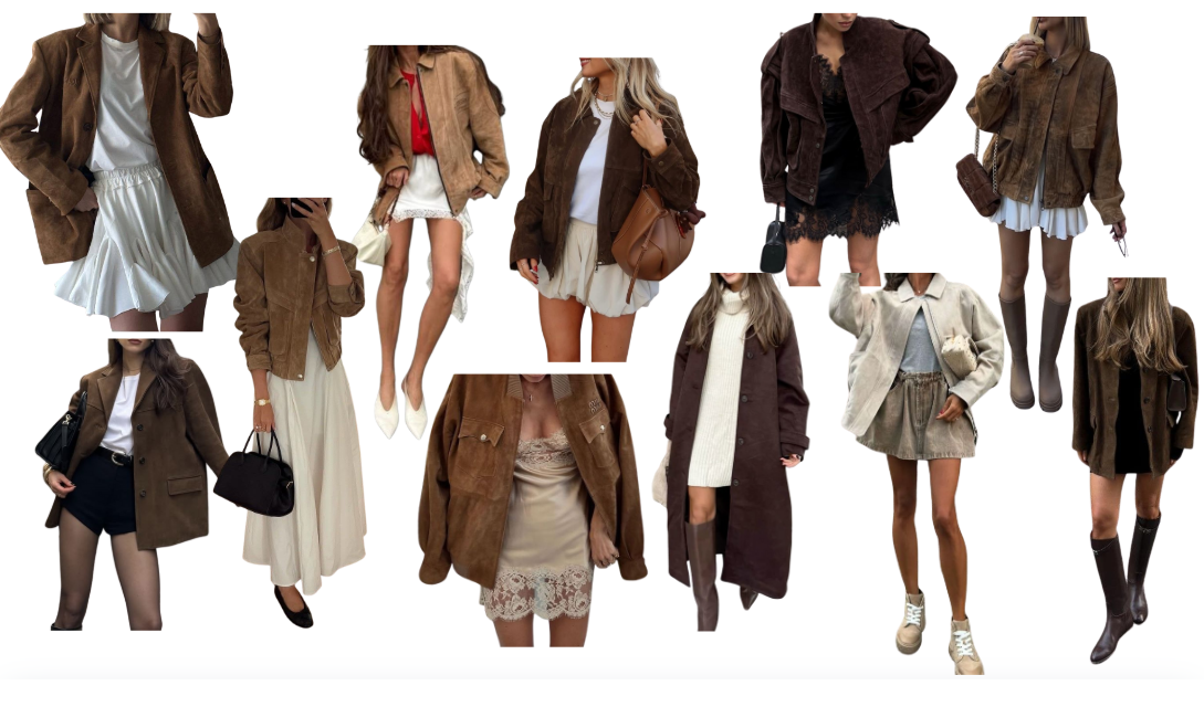 fall suede outfits – suede bomber over lace-trim mini, sheer tights