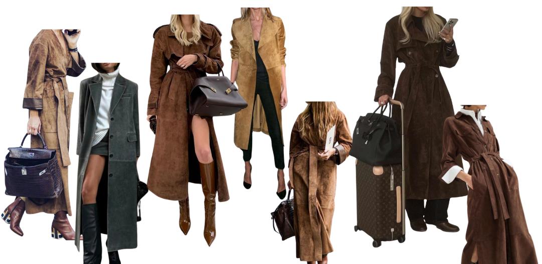 fall suede outfits – long chocolate suede coat over knit dress